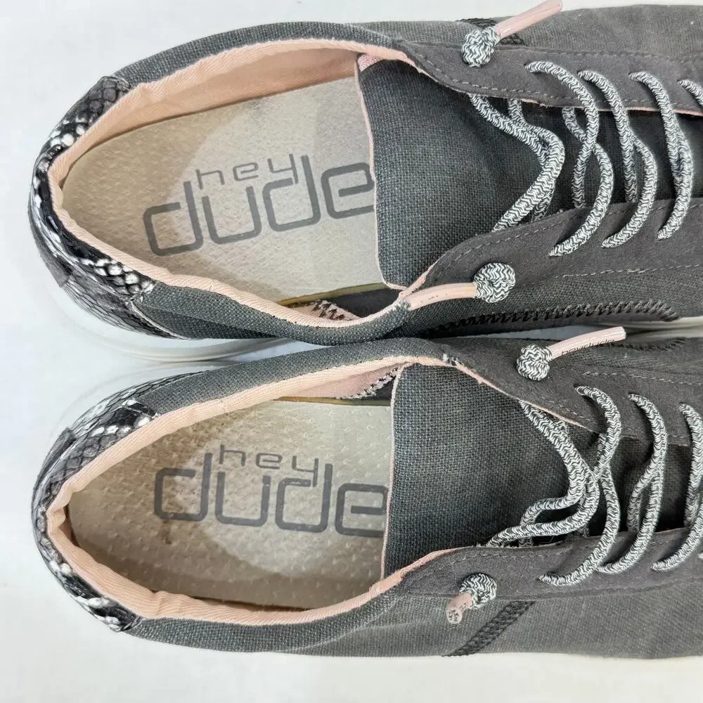 HeyDude Womens Karina Slip On Casual Canvas Sneakers Gray Black Snake Size 9